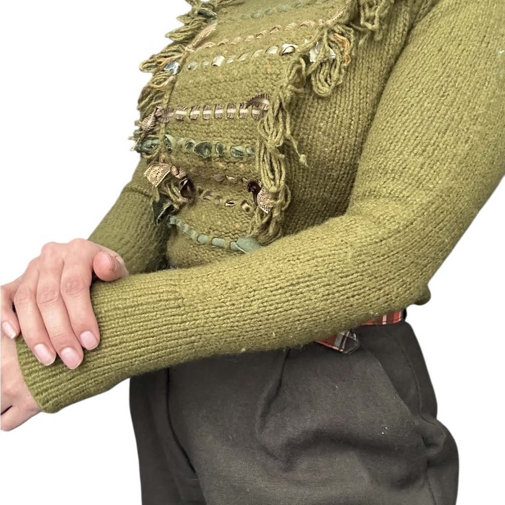 By Anthropologie Wool blend Turtleneck sweater wt Fringe and velvet details - S - Picture 7 of 13